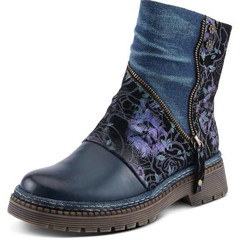 Spring Step Floral Combat Boots in Blue, Teal and Black